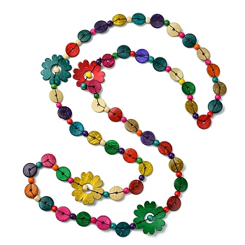 Dyed Natural Coconut Flower & Flat Round Beaded Necklaces, Bohemian Jewelry for Women, Colorful, 61.42 inch(156cm)