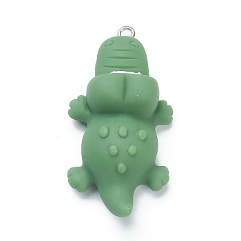 Opaque Resin Big Pendants, with Platinum Plated Iron Findings, Crocodile, Green, 54x28x19mm, Hole: 2mm