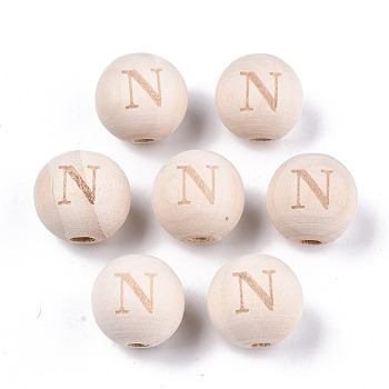 Unfinished Natural Wood European Beads, Large Hole Beads, Laser Engraved Pattern, Round with Word, Letter.N, 15~16x14~15mm, Hole: 4mm