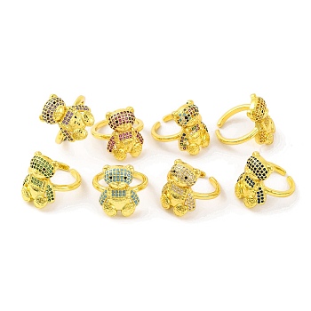 Bear Brass Micro Pave Cubic Zirconia Open Cuff Ring for Women, Real 18K Gold Plated, Mixed Color, Bear: 20x15mm, Adjustable