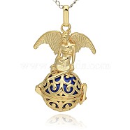 Golden Tone Brass Hollow Round Cage Pendants, with No Hole Spray Painted Brass Round Beads, Round with Angel, Blue, 47x30x21mm, Hole: 3x8mm(KK-J242-10G)