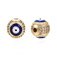 Brass Micro Pave Cubic Zirconia Beads, with Enamel, Real 18K Gold Plated, Round with Evil Eye, Nickel Free, Dark Blue, 10mm, Hole: 2mm(KK-N227-88B)
