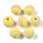Painted Natural Wood Beads, Laser Engraved Pattern, Round, Yellow, 10x9mm, Hole: 2.5mm(WOOD-S057-072R)