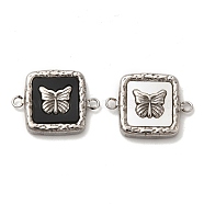 304 Stainless Steel Connector Charms, with Black Acrylic & Shell, Square Links with Butterfly, Stainless Steel Color, 13x17x3mm, Hole: 1.5mm(STAS-A079-06P)