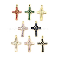 Rack Plating Real 18K Gold Plated Brass Pendants, with Cubic Zirconia, Long-Lasting Plated, Lead Free & Cadmium Free, Cross, Mixed Color, 35x23.5x5mm, Hole: 5X3.5mm(KK-B077-20G)
