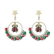 201 Stainless Steel  Hoop Earring, with Glass & Alloy Enamel Pendant, For Christmas, Christmas Bell, Mixed Color, 50x40mm(EJEW-MZ00198)