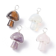 Natural & Synthetic Gemstone Pendants, with Silver Tone Copper Wire Wrapped, Mushroom, Silver, 30x16~18mm, Hole: 4mm(PALLOY-JF01279)