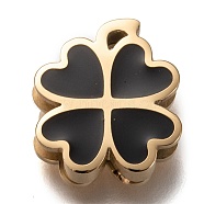 304 Stainless Steel Slide Charms, Enamel Style, Clover, Black, Golden, 13.5x11.5x3.5mm, Hole: 7.5x1.5mm(STAS-P270-04G-01)