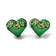 Saint Patrick's Day Green Wood Stud Earrings, with 316 Stainless Steel Pins, Heart, 15x17mm(EJEW-D074-01E)