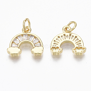 Brass Micro Pave Cubic Zirconia Charms, with Jump Ring, Nickel Free, Rainbow, Clear, Real 18K Gold Plated, 11.5x12.5x2.5mm, Hole: 3mm(ZIRC-R109-013G-NF)