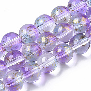 Transparent Spray Painted Glass Bead Strands, with Golden Foil, Round, Medium Purple, 8~9mm, Hole: 1.2~1.5mm, about 46~56pcs/Strand, 14.37 inch~16.3 inch(36.5~41.4cm)(GLAA-N035-03C-B05)
