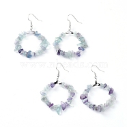 Natural Fluorite Dangle Earrings, with Platinum Plated Brass Earring Hooks, Round Ring, 51.2~56.2mm, Pin: 0.5mm(EJEW-E255-D04)