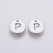 304 Stainless Steel Charms,  Flat Round with Letter, Stainless Steel Color, Letter.P, 10x1mm, Hole: 1mm(STAS-P212-15P-11)