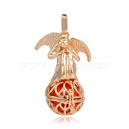Golden Plated Brass Hollow Round Cage Pendants, with No Hole Spray Painted Brass Round Beads, Angel, Red, 44x29x20mm, Hole: 3x8mm(KK-J249-09G)