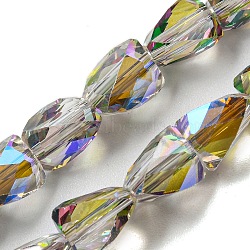 Transparent Electroplate Glass Beads Strands, Half Rainbow Plated, Faceted, Triangle, Yellow Green, 7x6x4mm, Hole: 1mm, about 66~75pcs/strand, 19.09~21.18 inch(48.5~53.8cm)(GLAA-G116-03A-HR03)