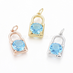 Brass Micro Pave Cubic Zirconia Pendants, with Jump Rings, Long-Lasting Plated, Lock, Deep Sky Blue, Mixed Color, 18x9.5x5mm, Hole: 3mm(ZIRC-L093-02D)