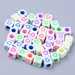 Opaque White Acrylic European Beads, Large Hole Beads, Cube with Mixed Color Heart, 7x7x7mm, Hole: 4mm, about 760~800pcs/200g(MACR-SZ0001-09B)