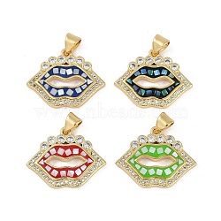 Rack Plating Brass Micro Pave Clear Cubic Zirconia Pendants, with Enamel Shell, Long-Lasting Plated, Lead Free & Cadmium Free, Real 18K Gold Plated, Lip, Mixed Color, 17x21.5x3mm, Hole: 3x4mm(KK-U032-23G)