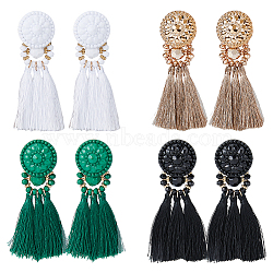 4 Pairs 4 Colors Polyester Tassel Dangle Stud Earrings, Golden Alloy Flower Earrings, Mixed Color, 91x29mm, 1 pair/color(EJEW-FI0002-41)