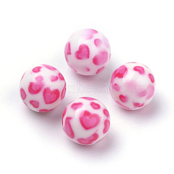 Opaque Printed Acrylic Beads, Round with Heart Pattern, Hot Pink, 11.5~12x11mm, Hole: 2.5mm(MACR-S271-12mm-21)