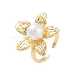 Rack Plating Flower Brass Open Cuff Rings for Women, with ABS Imitation Pearl, Cadmium Free & Lead Free, Long-Lasting Plated, Real 18K Gold Plated, Flower: 25x24.5mm, Adjustable(RJEW-B064-18G-01)