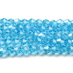 Transparent Electroplate Glass Beads Strands, Pearl Luster Plated, Faceted, Bicone, Deep Sky Blue, 6x6mm, Hole: 1mm, about 45~47pcs/strand, 9.65~9.84 inch(24.5~25cm)(EGLA-A039-T6mm-A19)