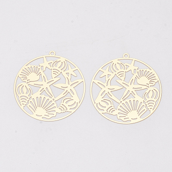 Brass Pendants, Etched Metal Embellishments, Long-Lasting Plated, Ocean Theme, Flat Round with Starfish/Sea Stars and Shell, Light Gold, 42.5x40x0.3mm, Hole: 1.8mm
