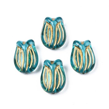 Plating Acrylic Beads, Metal Enlaced, Flower, Dark Turquoise, 16.5x12x7.5mm, Hole: 1.2mm, about 630pcs/500g