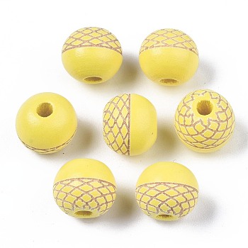 Painted Natural Wood Beads, Laser Engraved Pattern, Round, Yellow, 10x9mm, Hole: 2.5mm