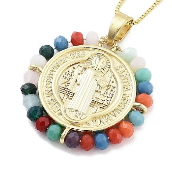 Brass with ABS Beads Pendant Necklaces, Flat Round with Goddess, Colorful, 17.52 inch(445mm)