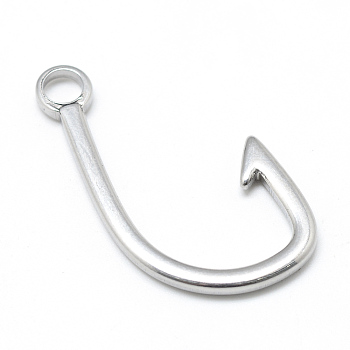 201 Stainless Steel Hook Clasps, Fish Hook Charms, Stainless Steel Color, 38x21x2.5mm, Hole: 4.5mm