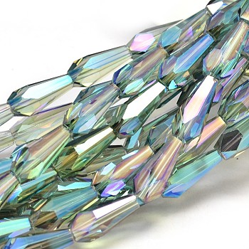 Full Rainbow Plated Faceted teardrop, Glass Bead Strands, Medium Aquamarine, 18x8mm, Hole: 1mm, about 23pcs/strand, 16.5 inch