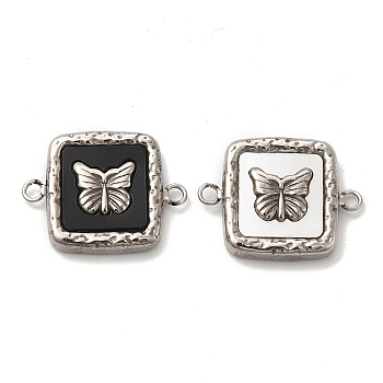 304 Stainless Steel Connector Charms, with Black Acrylic & Shell, Square Links with Butterfly, Stainless Steel Color, 13x17x3mm, Hole: 1.5mm