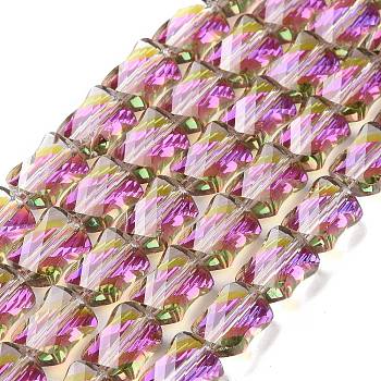 Faceted Electroplated Transparent Glass Beads Strands, Half Rainbow Plated, Twist Rectangle, Magenta, 10x8x5mm, Hole: 1.5mm, about 49pcs/strand, 20.47~20.8 inch(52~53cm)
