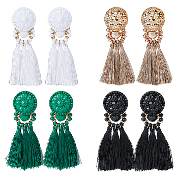 4 Pairs 4 Colors Polyester Tassel Dangle Stud Earrings, Golden Alloy Flower Earrings, Mixed Color, 91x29mm, 1 pair/color