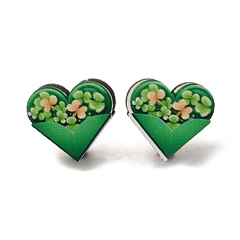 Saint Patrick's Day Green Wood Stud Earrings, with 316 Stainless Steel Pins, Heart, 15x17mm