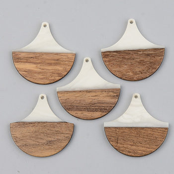 Opaque Resin & Walnut Wood Pendants, Fan, Floral White, 38x38x3mm, Hole: 2mm