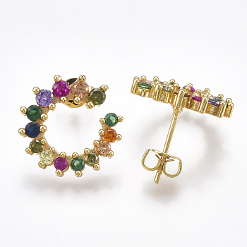 Brass Micro Pave Cubic Zirconia Stud Earrings, Half Hoop Earrings, Real 18K Gold Plated, 15x14.5x2.5mm, Pin: 0.7mm