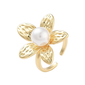 Rack Plating Flower Brass Open Cuff Rings for Women, with ABS Imitation Pearl, Cadmium Free & Lead Free, Long-Lasting Plated, Real 18K Gold Plated, Flower: 25x24.5mm, Adjustable