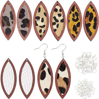 Olycraft 10Pcs 5 Style Eco-Friendly Cowhide Leather Big Pendants, with Dyed Wood, Horse Eye, with Iron Open Jump Rings & Earring Hooks, Mixed Color, 53x22x4mm, Hole: 1.2mm, 2pcs/style