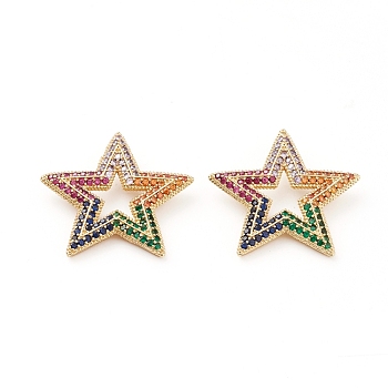 Brass Micro Pave Cubic Zirconia Pendants, Long-Lasting Plated, Star, Real 18K Gold Plated, Colorful,28.5x30x3.5mm, Hole: 2mm