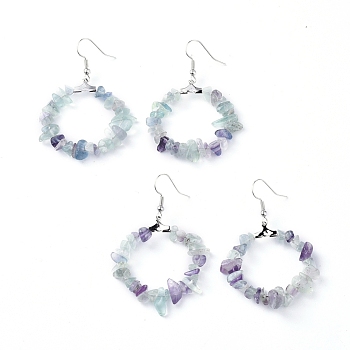 Natural Fluorite Dangle Earrings, with Platinum Plated Brass Earring Hooks, Round Ring, 51.2~56.2mm, Pin: 0.5mm