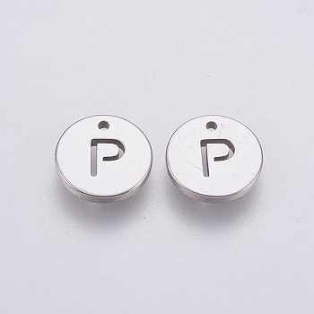 304 Stainless Steel Charms,  Flat Round with Letter, Stainless Steel Color, Letter.P, 10x1mm, Hole: 1mm