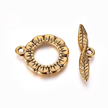 Tibetan Style Alloy Toggle Clasps, Lead Free and Cadmium Free, Antique Golden Color, Ring: 17mm in diameter, 2mm thick, hole: 2mm, Bar: 24mm long, 3mm thick, hole: 2mm