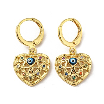 Real 18K Gold Plated Brass Dangle Leverback Earrings, with Enamel and Cubic Zirconia, Heart with Evil Eye, Clear, 28x15mm