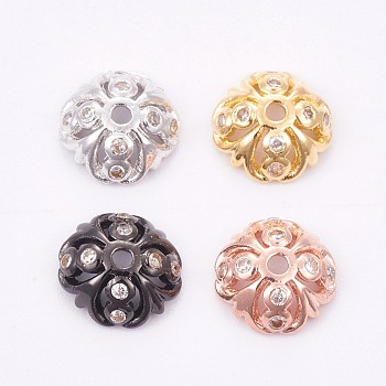 Brass Beads Caps, with Cubic Zirconia, Long-Lasting Plated, Mixed Color, 8x3mm, Hole: 1.2mm