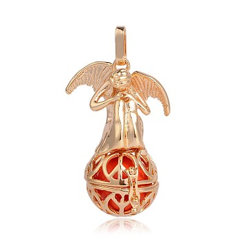 Golden Plated Brass Hollow Round Cage Pendants, with No Hole Spray Painted Brass Round Beads, Angel, Red, 44x29x20mm, Hole: 3x8mm