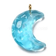 Transparent Resin Moon Pendants, Crescent Moon Charms with Light Gold Plated Iron Loops, Deep Sky Blue, 28x20x9.5mm, Hole: 1.8mm(RESI-A026-01C)