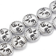 Electroplate Non-magnetic Synthetic Hematite Beads Strands, Flat Round with Tree of Life, Platinum Plated, 12~12.5x4~4.5mm, Hole: 1mm, about 30pcs/strand, 14.56 inch(G-N0322-03M)