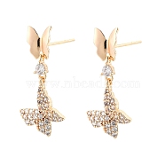 Clear Cubic Zirconia Double Butterfly Dangle Stud Earrings, Ion Plating(IP) Brass Jewelry for Women, Nickel Free, Real 18K Gold Plated, 24mm, Pin: 0.6mm(EJEW-C047-06G)